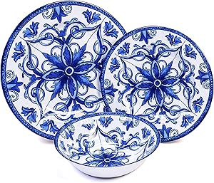Prepara 12 Piece Melamine Dinnerware Set, Blue and White Tile | Amazon (US)