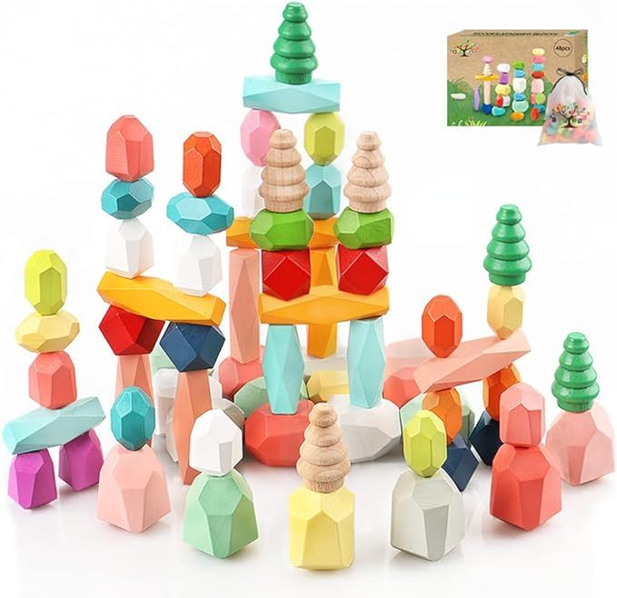 48PCS Toddler Wooden Stacking Building Blocks Montessori Toys for 1 2 3 4 5 6 Year Old Girls Boys... | Amazon (US)