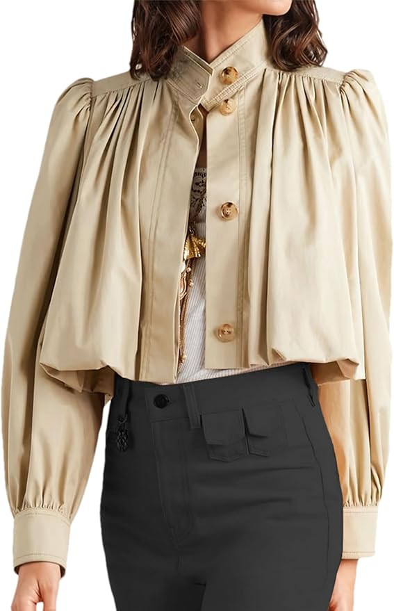 Womens Cropped Pleated Jacket Puff Long Sleeve Button Down Trench Coat Casual Outwear with Pocket... | Amazon (US)