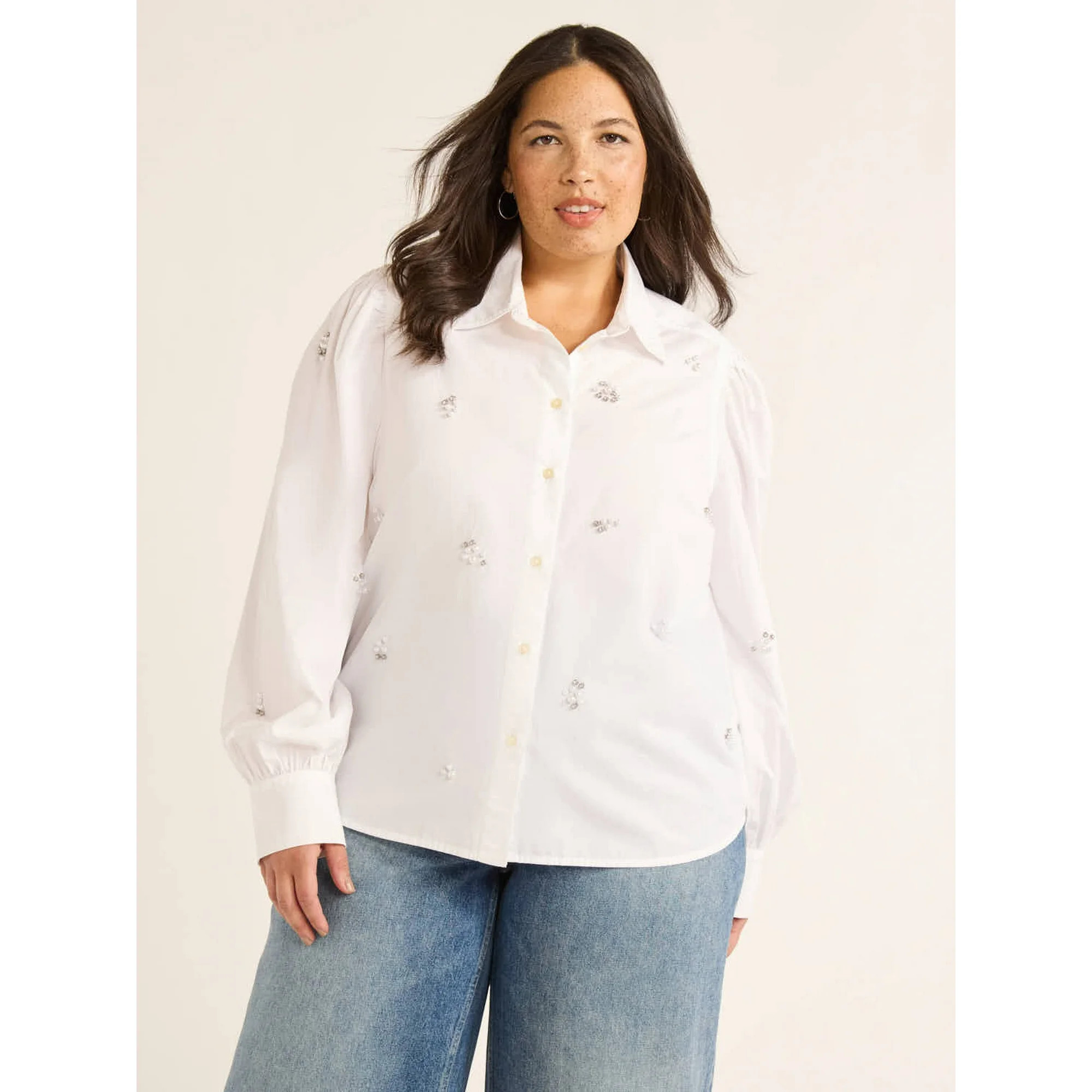 Free Assembly Women's and Women’s Plus Cotton Embellished Button Front Shirt, Sizes XS-4X - Wal... | Walmart (US)