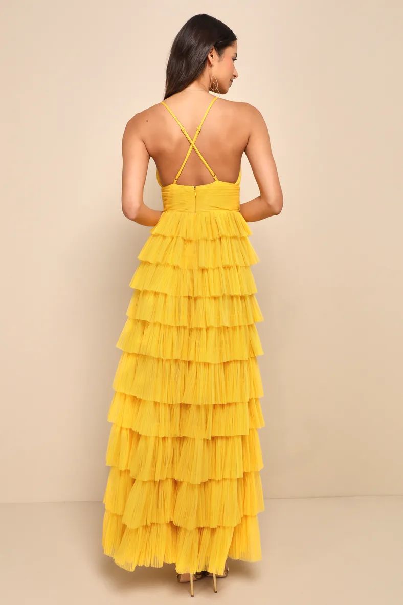 Radiant Event Yellow Mesh Tiered Ruffled Backless Maxi Dress | Lulus