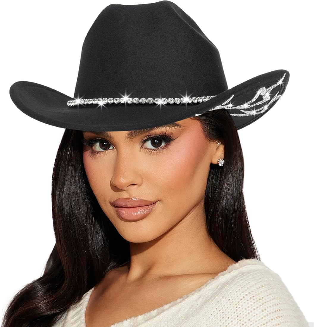 Rhinestone-Western-Cowboy-Hat for Womens Wide-Brim-Felt-Cowgirl-Hat Sparkly Disco Hat | Amazon (US)