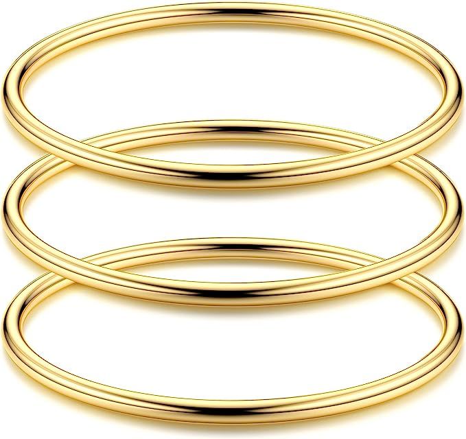 Florideco 3mm 14K Gold Bangles for Women Bangle Set Stainless Steel Stackable Glossy Thin Round B... | Amazon (US)