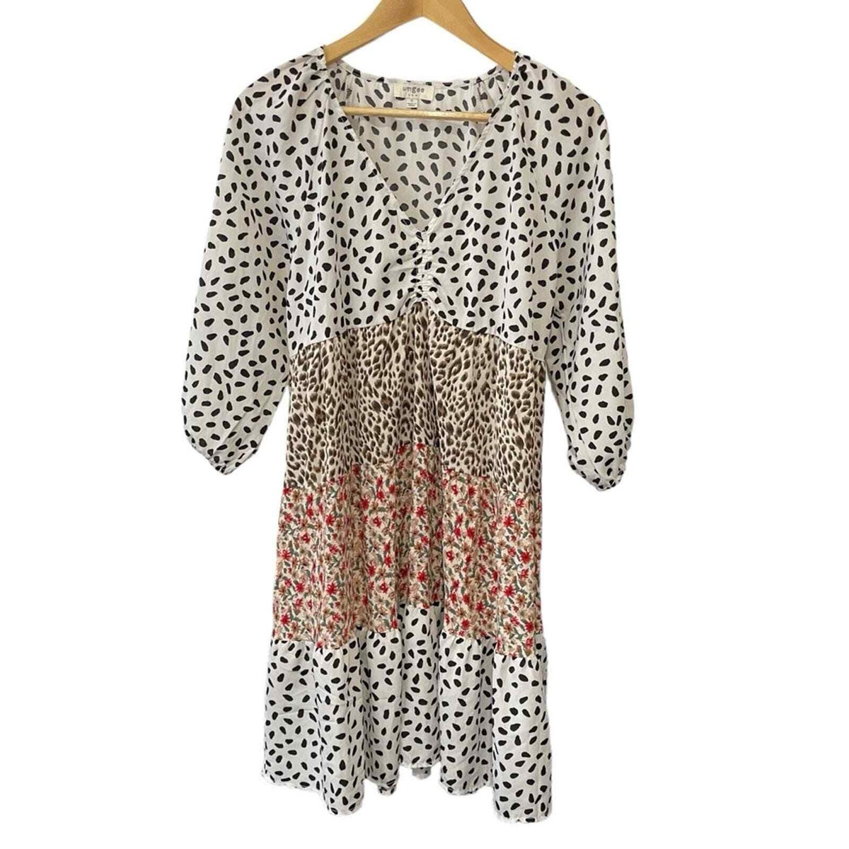 Umgee Multi Print Tiered Boho Dress Womens Small 3/4 Sleeve Pullover V-Neck | eBay | eBay US
