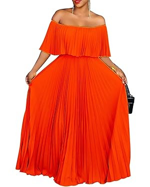 Women's Sexy Off Shoulder Maxi Dress Elegant Solid Color Pleated Boho Beach Long Dress Summer Cas... | Amazon (US)