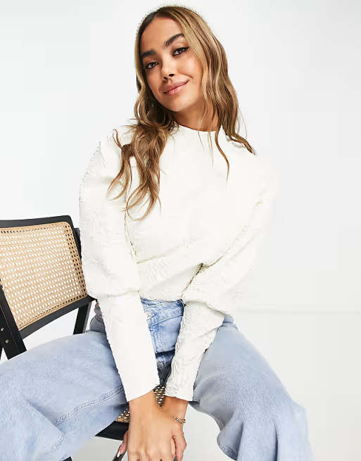 Pieces high neck deep cuff textured blouse in cream | ASOS (Global)