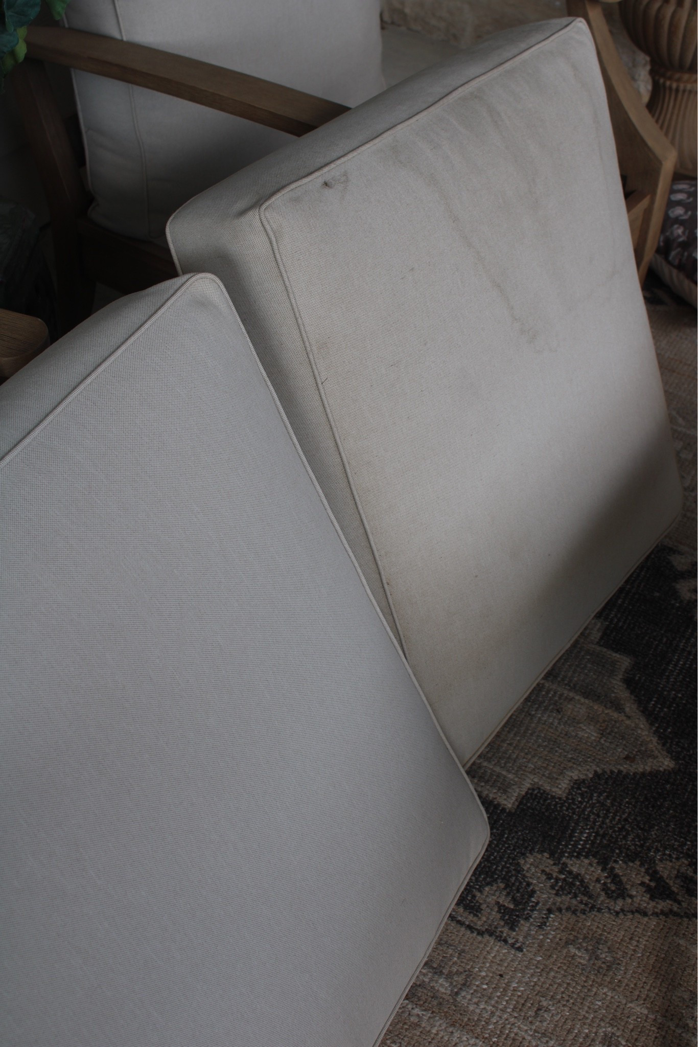 Outdoor cushion cleaner- just spray and then hose down. No scrubbing needed.
Left is after, right is before.