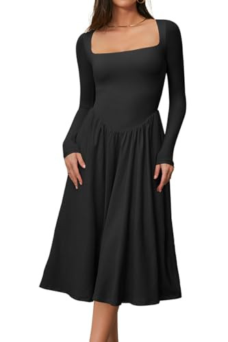 CHYRII Women Spring Fashion 2025 Square Neck Long Sleeve Casual A-Line Midi Dress | Amazon (US)