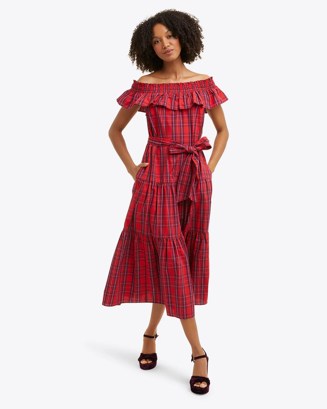 Off the Shoulder Tie Waist Dress in Elle Plaid | Draper James (US)