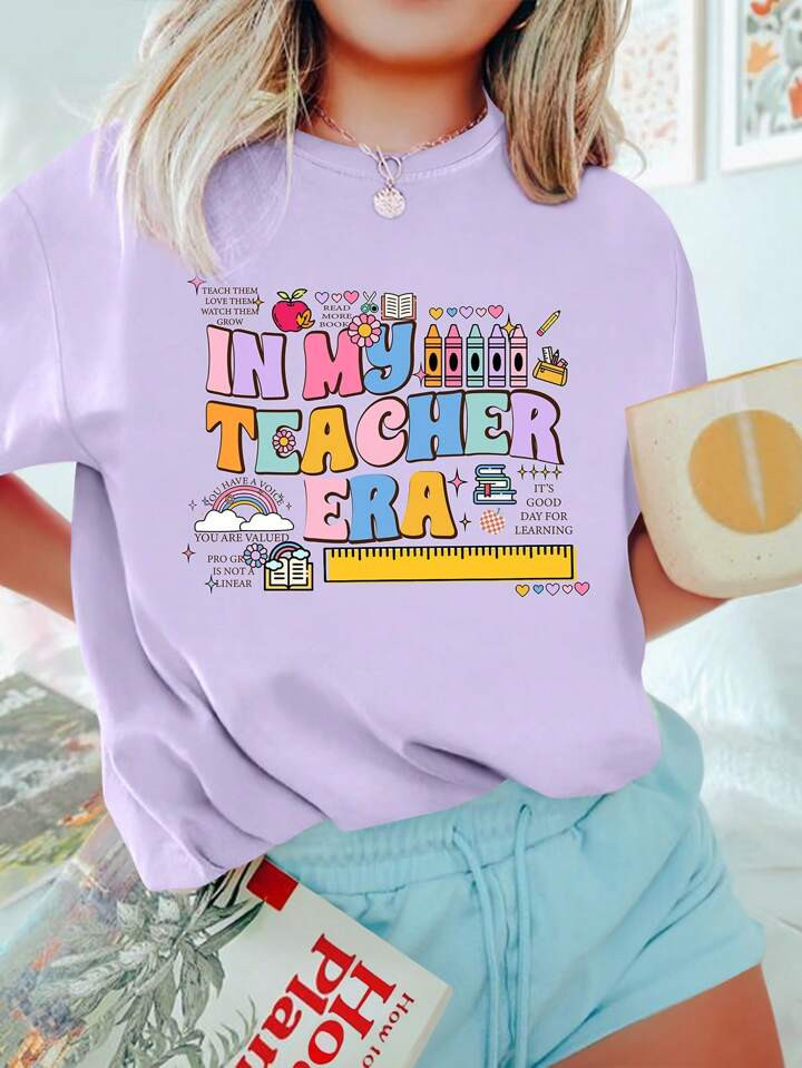 SHEIN EZwear Women's Summer Short Sleeve Casual T-Shirt With Slogan Print | SHEIN