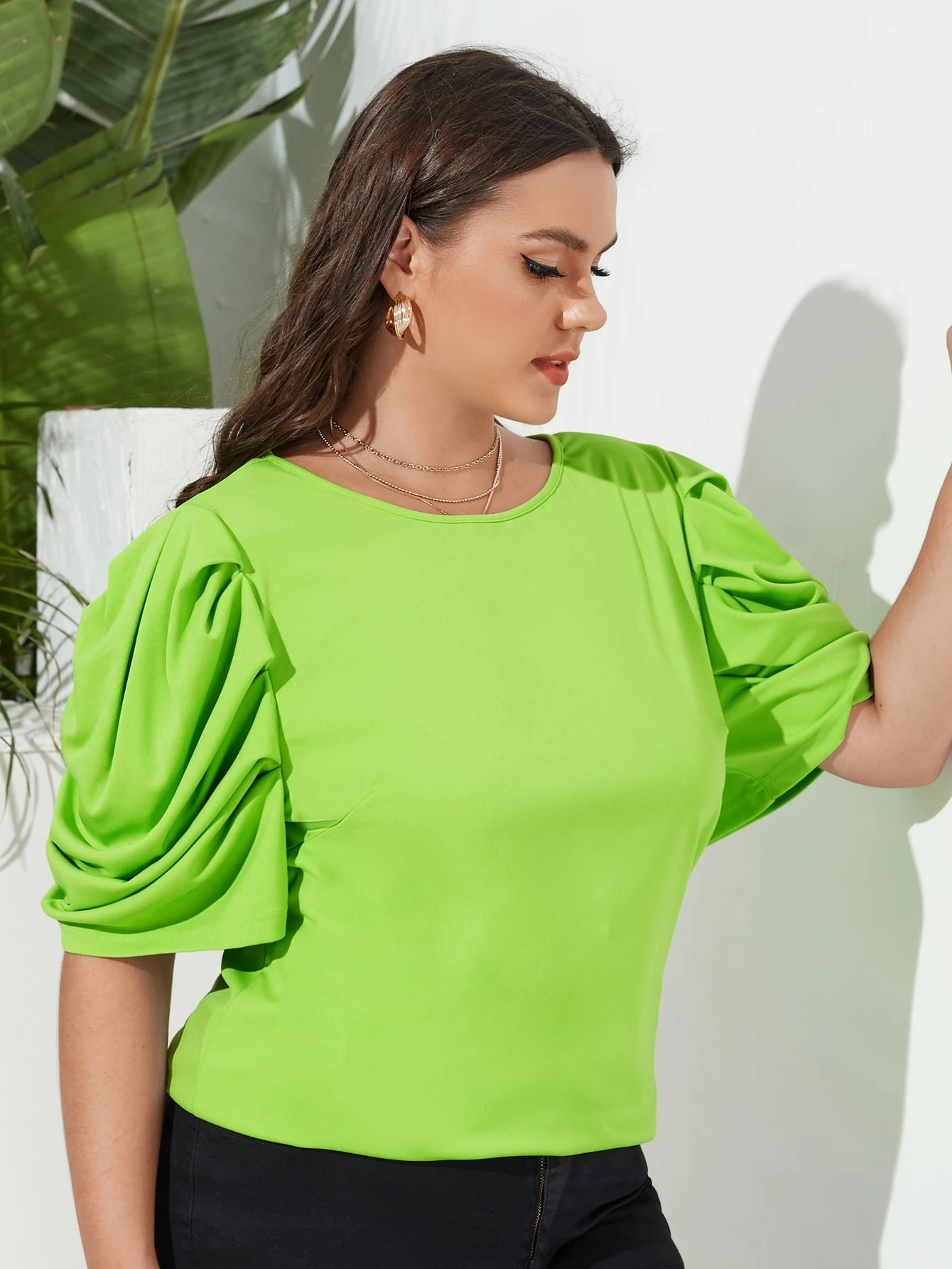 Plus Solid Tie Back Puff Sleeve Blouse | SHEIN