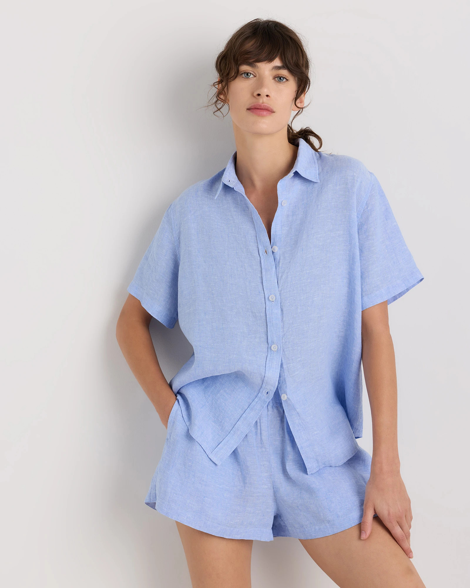 100% European Linen Shorts Pajama Set in Taupe Brown Gingham | Quince