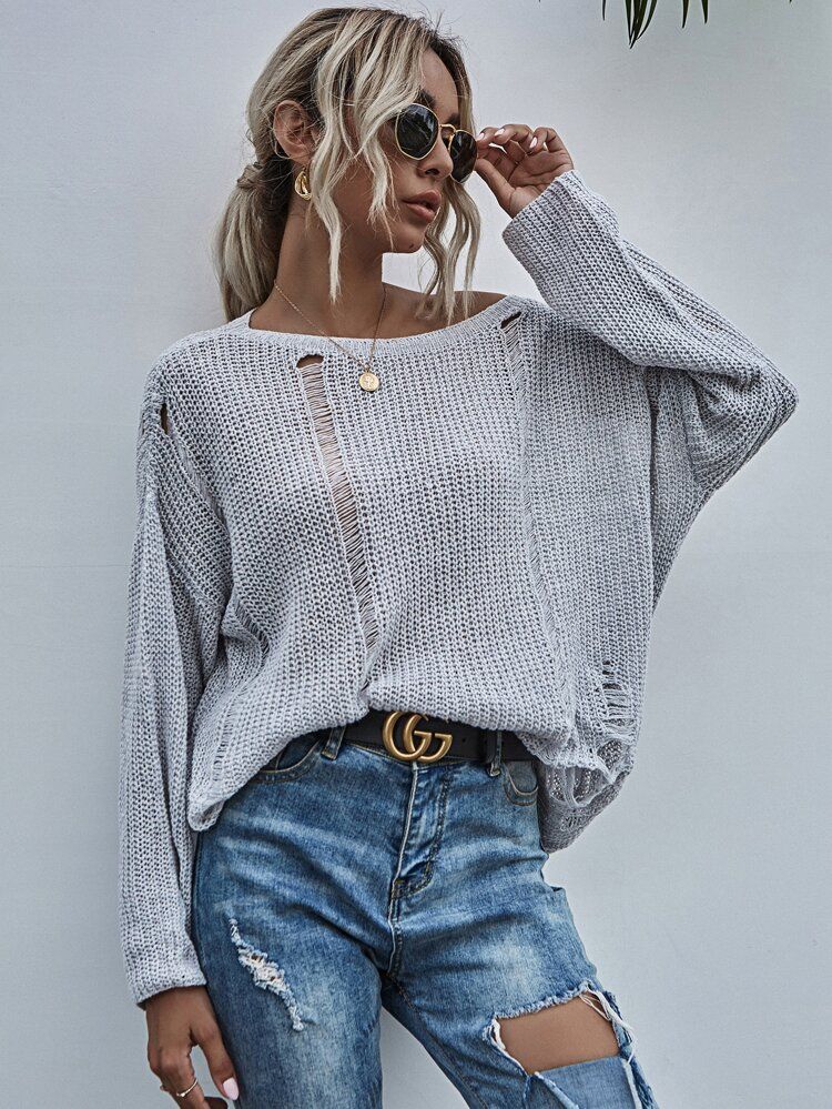 Drop Shoulder Ripped Sweater | SHEIN
