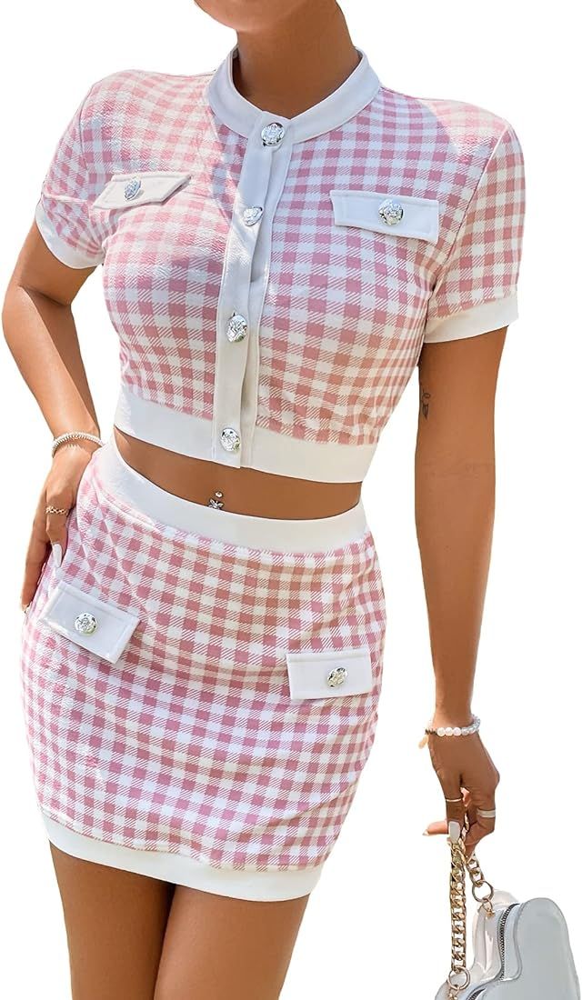 MakeMeChic Women's 2 Piece Outfits Plaid Short Sleeve Button Front Crop Top and Mini Skirt Set | Amazon (US)