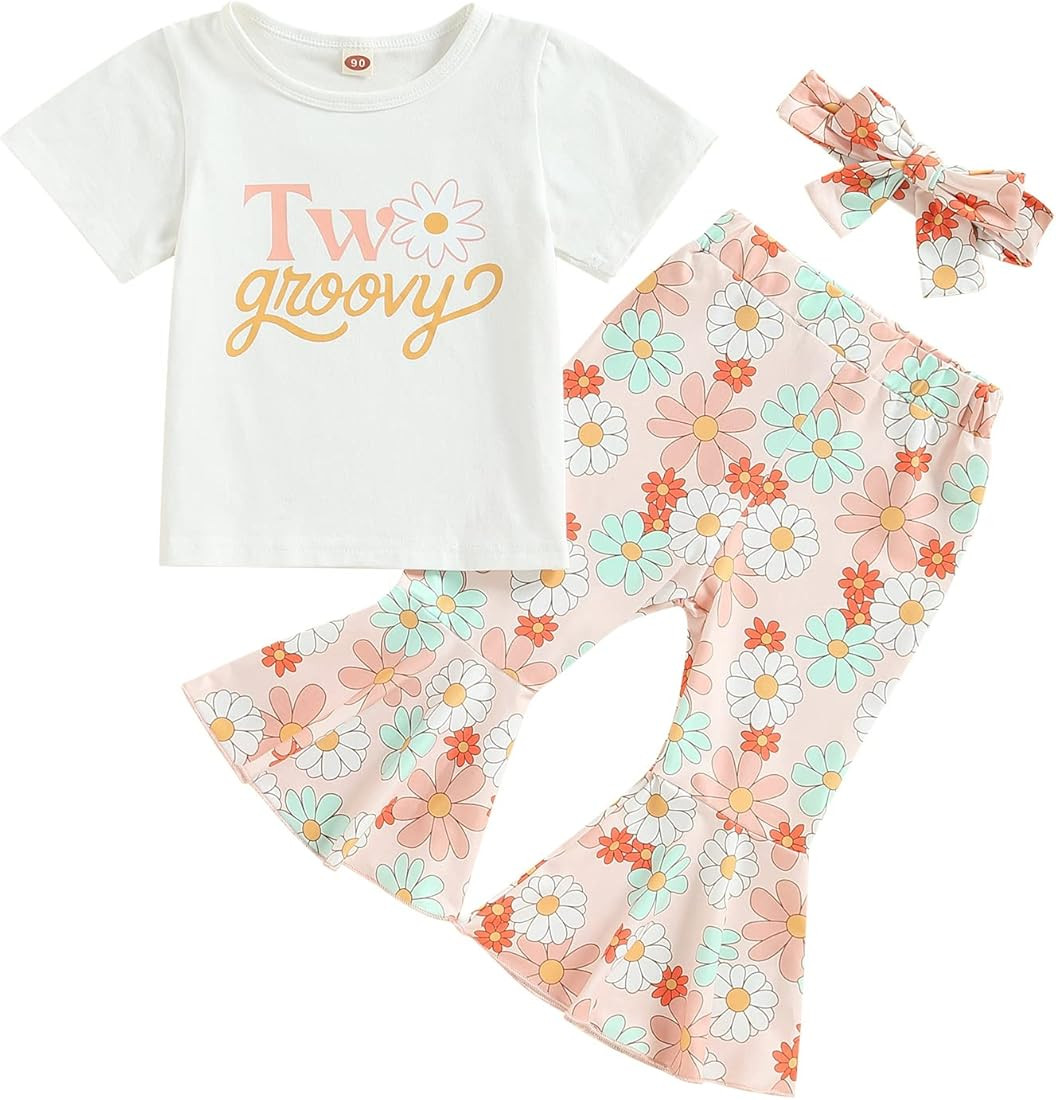1st Birthday Outfit Girl One Groovy Print Short Sleeve Romper Shirt Floral Bell Bottom Pants One ... | Amazon (US)