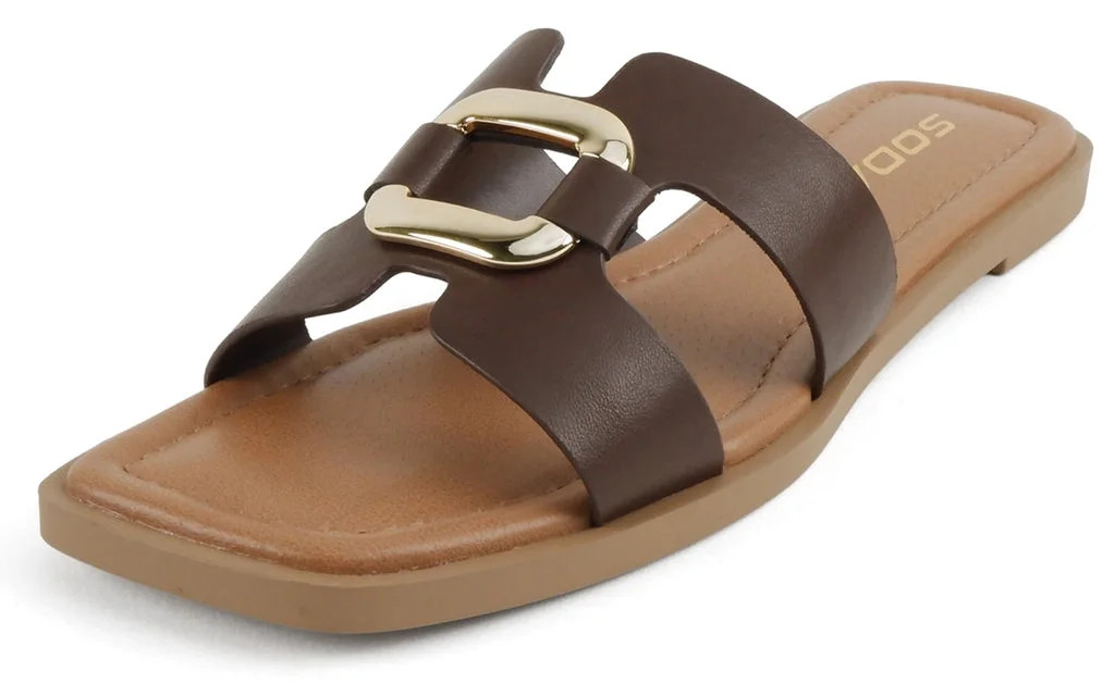Soda Shoes Women Slip-On Sandals H-Band Flat Flip-Flops Slides Gold Buckle Square Toe FENG-S Dark... | Walmart (US)