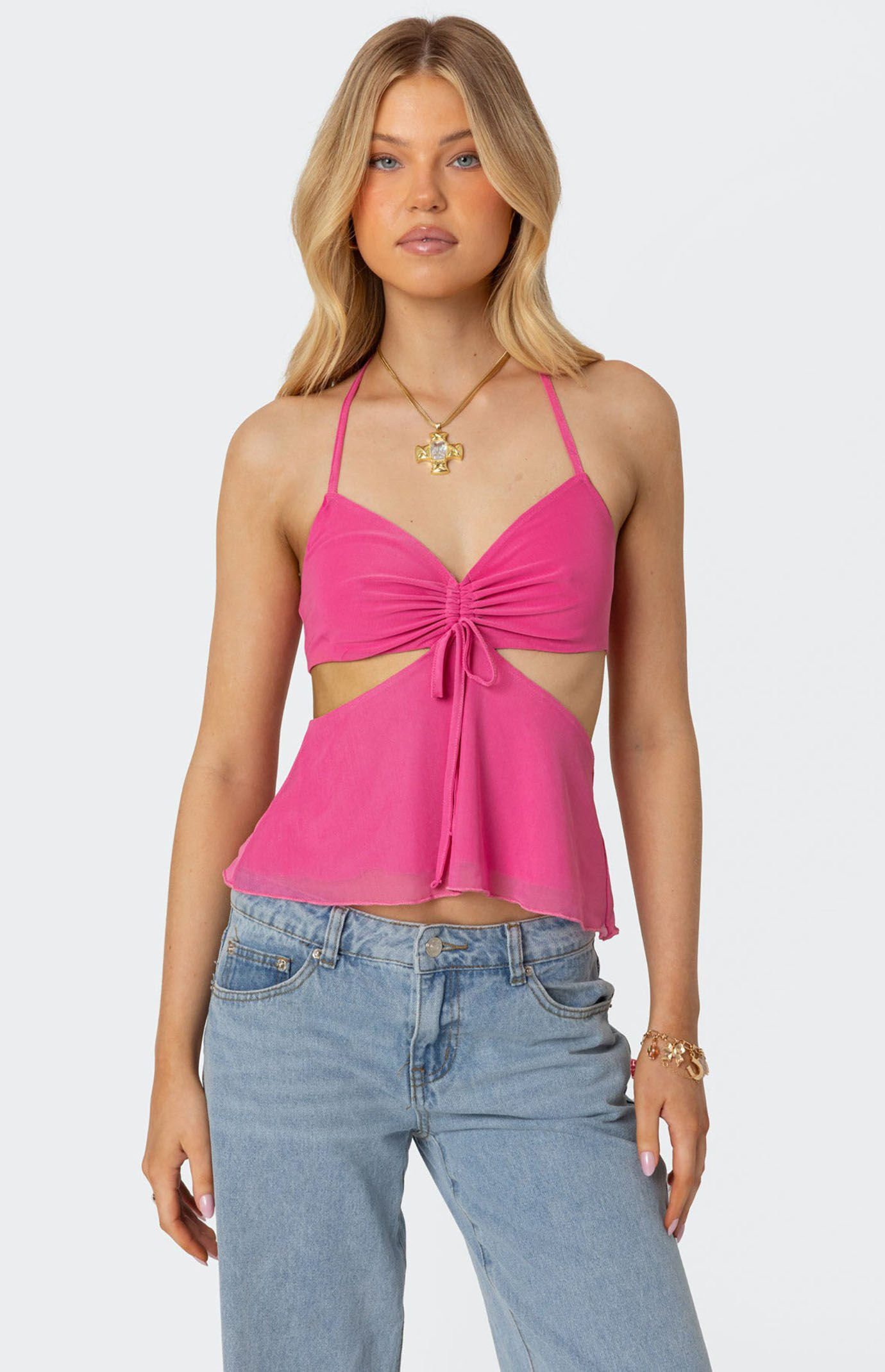 Edikted Women's Duo Cutout Mesh Halter Top in Pink - Size Small | PacSun
