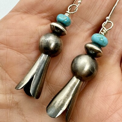 Navajo Turquoise Squash Blossom Dangle Earrings Sterling Silver 2.25" Patina  | eBay | eBay US