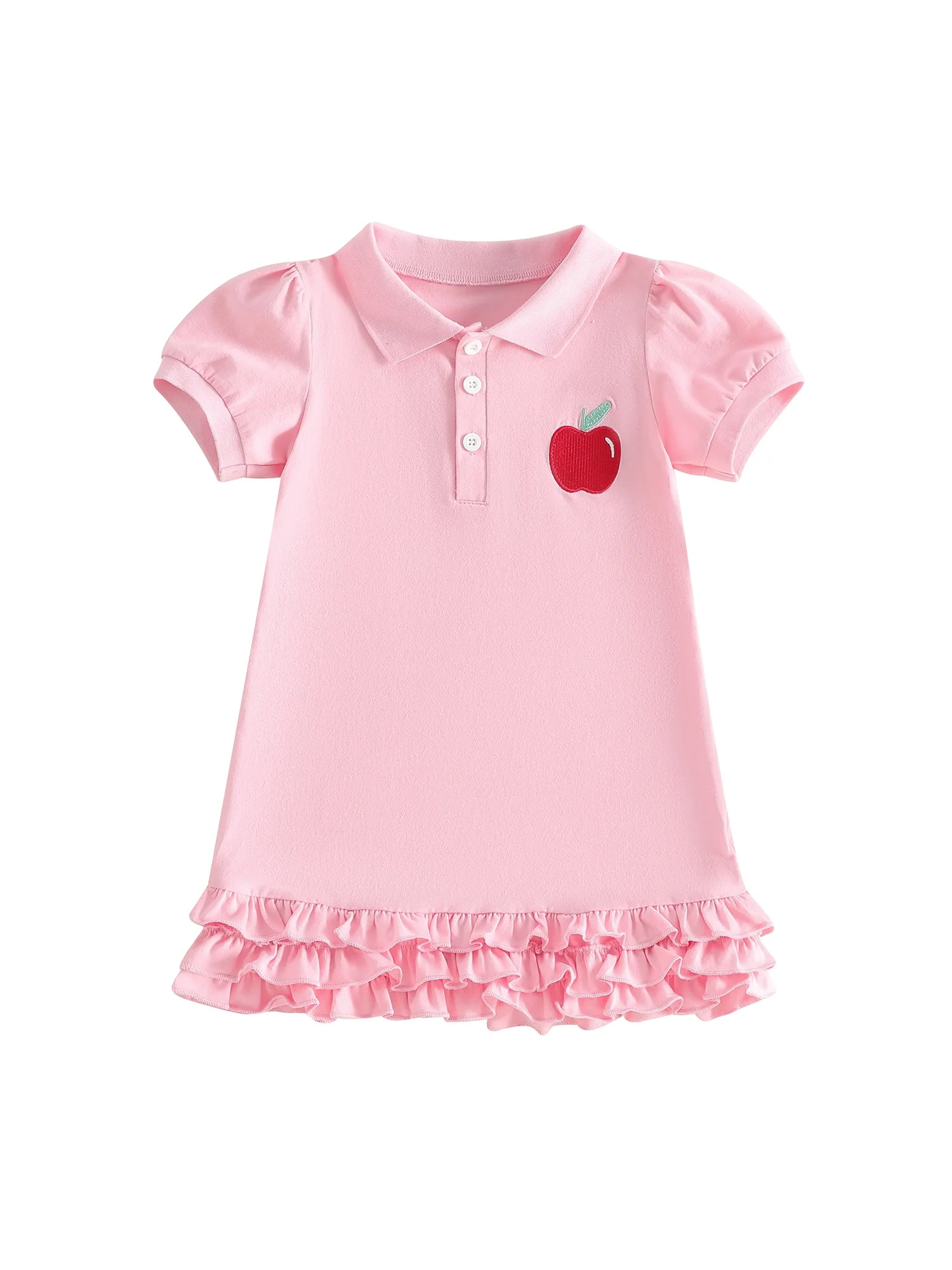 BemeyourBBs Toddler Baby Girls Back to School Dress Kindergarten Outfits Baby Girl First Day of School Outfit Cute Apple Embroidery Puff Short Sleeve Collared Button Summer Ruffled Dress - Walmart.com | Walmart (US)
