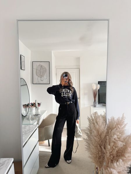 Oversized sweatshirt, navy sweatshirt, black wide leg trousers, adidas samba. 

#LTKeurope #LTKstyletip #LTKSeasonal