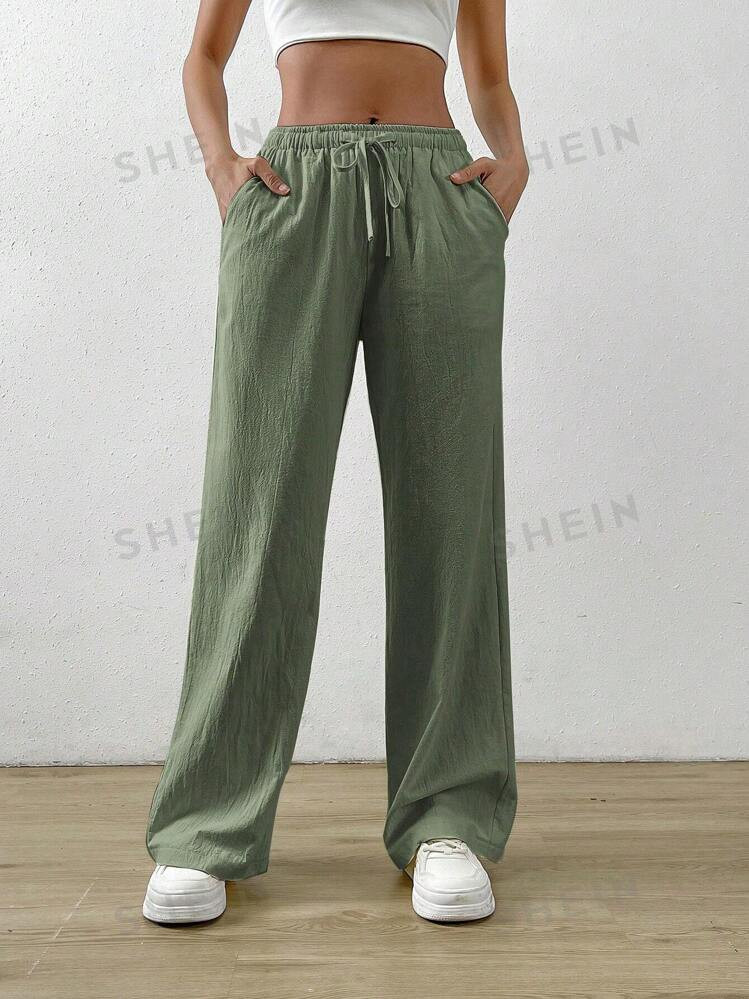 SHEIN EZwear Cotton Loose Straight Drawstring Waist Slant Pocket Pants | SHEIN USA | SHEIN