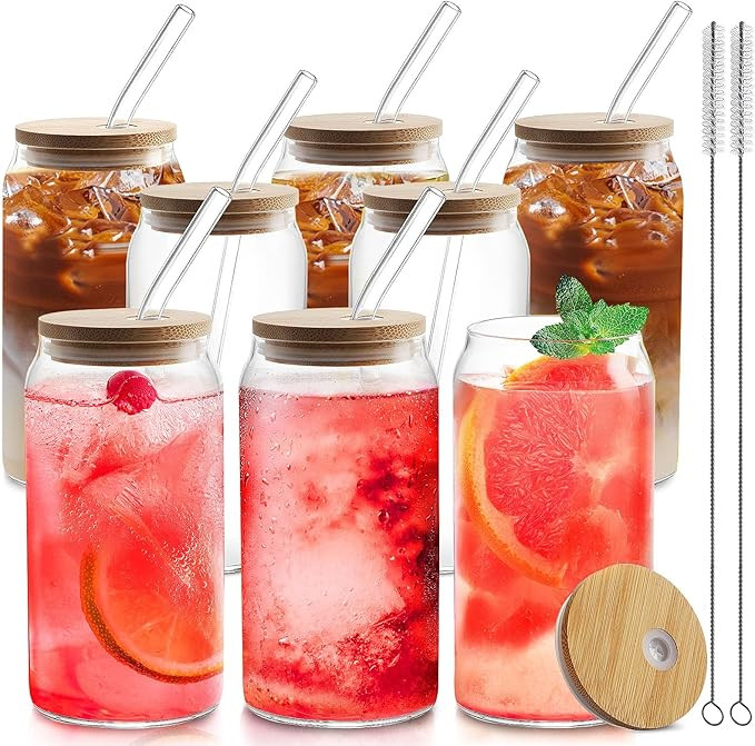HOMBERKING Glass Cups with Bamboo Lids and Straws 8pcs Set, 20oz Cups, Beer Glasses, Iced Coffee ... | Amazon (US)