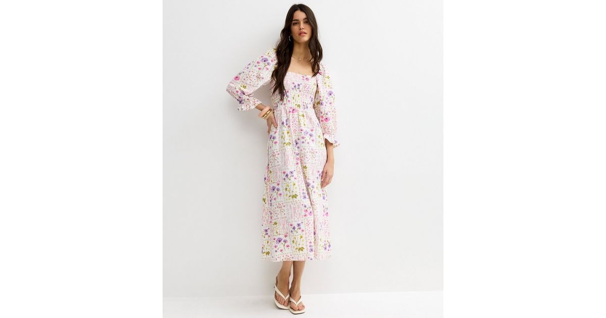 Cream Floral Shirred Cropped Sleeve Midi Dress | New Look | New Look (UK)