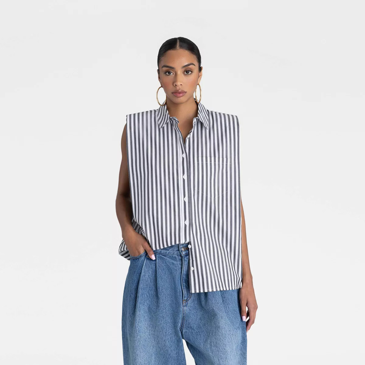 KBB by KAHLANA Women's Sleeveless 'The Shoulder Pad Shirt' - Blue/White Striped L | Target