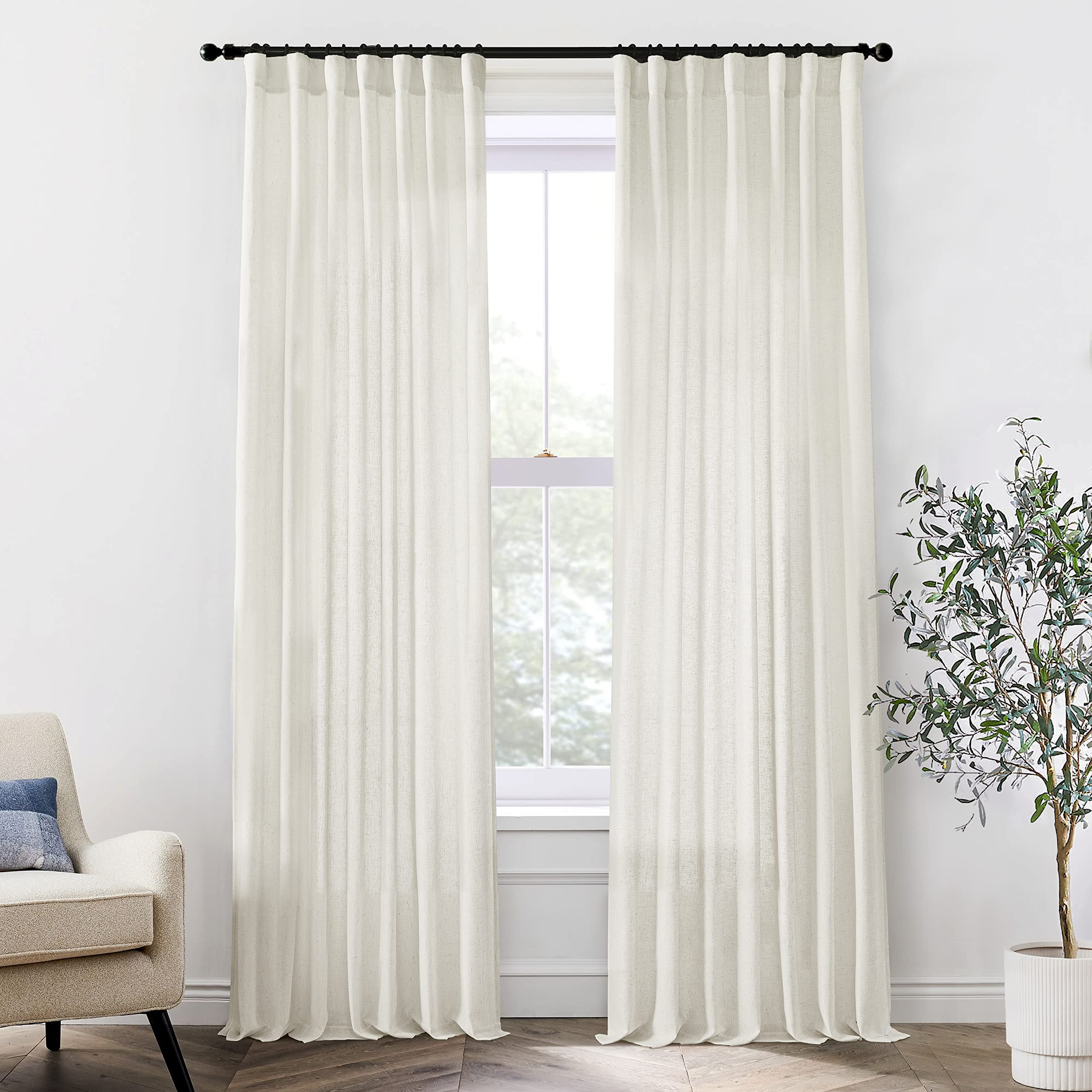 XTMYI 96 Inches Long Modern Farmhouse Linen Curtains for Living Room,Hang Pin Hooks Back Tab Sheer Pleated Curtains for Bedroom Dining Room,96 Length 2 Panel Set,Cream Colored(Ivory/Off White) | Amazon (US)