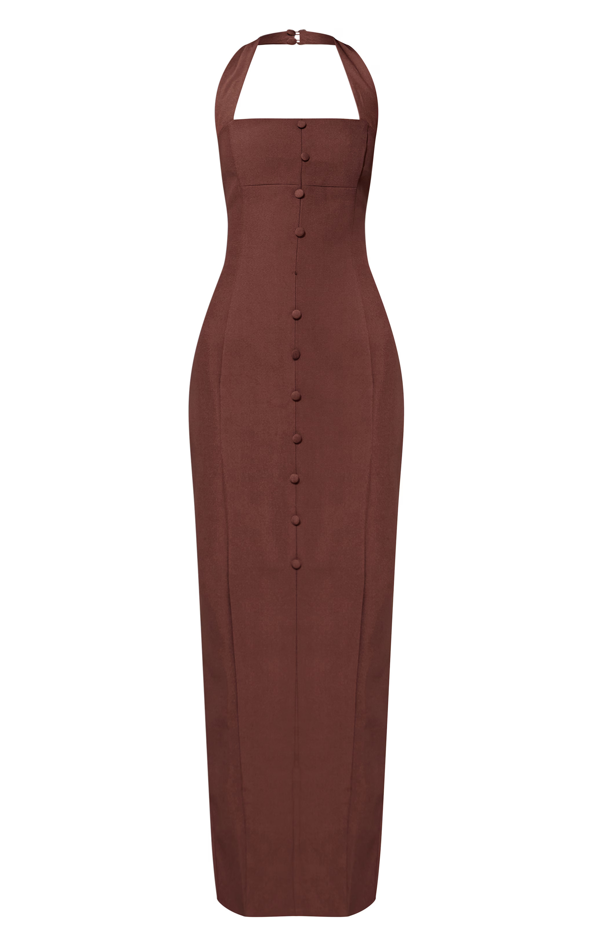 Chocolate Woven Halter Button Maxi Dress | PrettyLittleThing UK