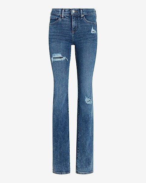 Mid Rise Medium Wash Ripped Bootcut Jeans | Express