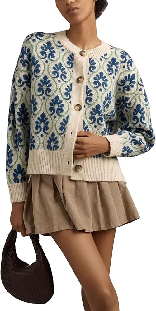 Women Floral Cardigan Sweater Open Front Long Sleeve Button Down Knit Sweater Vintage Outerwear | Amazon (US)