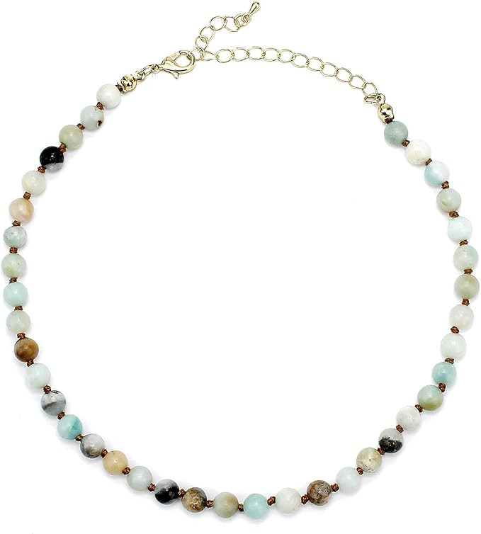 POMINA Semi Precious Stone Beaded Short Choker Necklace for Women Natural Amazonite Gemstone Bead... | Amazon (US)