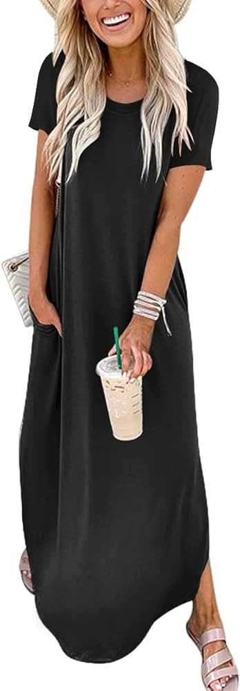 Prinbara Women's Casual Loose Sundress Long Dress Short Sleeve Split Maxi Dresses Summer Beach Dress | Amazon (US)