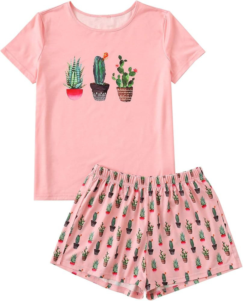 DIDK Women's Cartoon Short Sleeve Round Neck Tee and Shorts Sleepwear Pajama Set | Amazon (US)