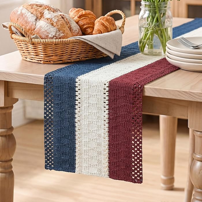 Artoid Mode Blue Beige Red Farmhouse Rustic Memorial Day Table Runner, 4th of July Holiday Hollow... | Amazon (US)
