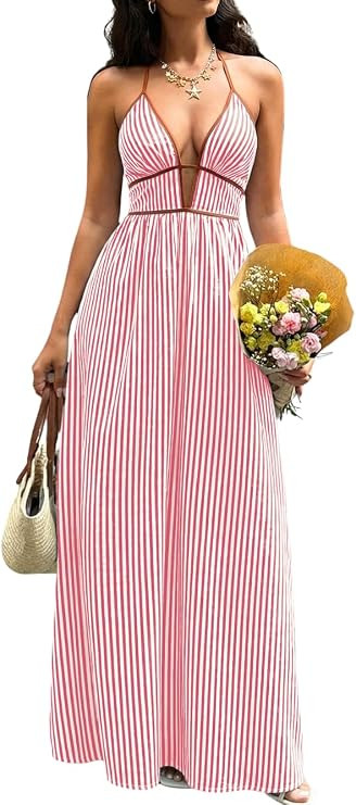 ShawGobow Striped Halter Vacation Dresses, Deep V Neck Flowy Maxi Dress, Womens Summer Beach Reso... | Amazon (US)