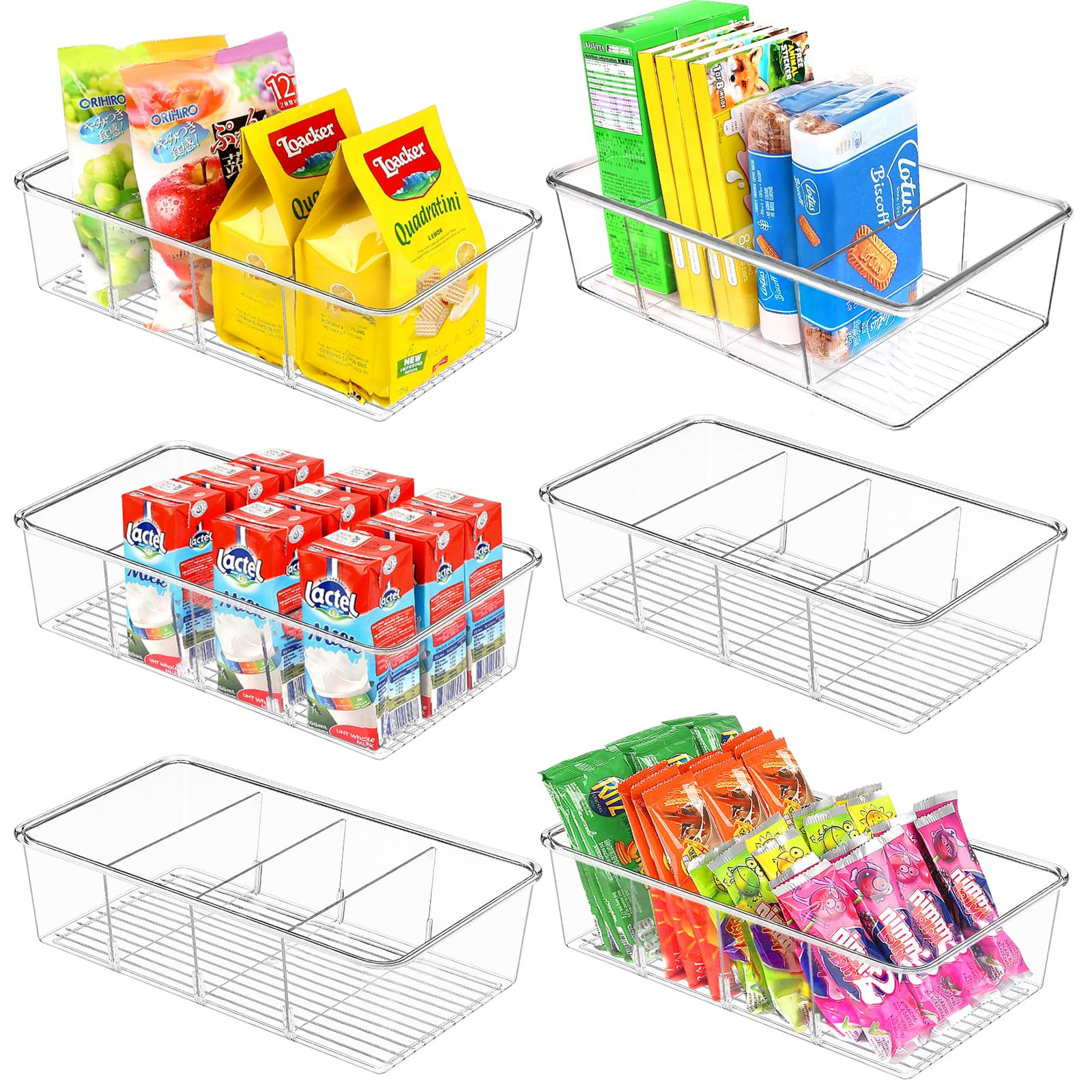 Snack Organizer for Pantry Shelf, 6 Pack Clear Plastic Pantry Storage Bins with 3 Dividers for Sn... | Amazon (US)
