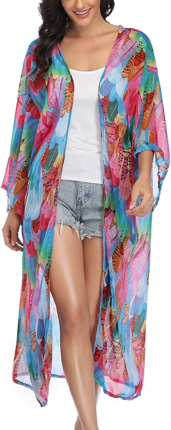 Women's Long Sheer Floral Kimono Cardigan, Chiffon Bikini Beach Cover up, Summer Blouse Loose Top... | Amazon (US)