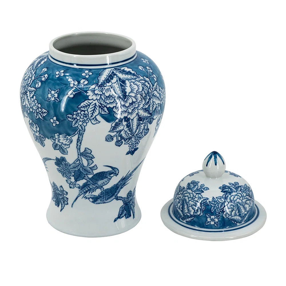 Classic Blue And White Porcelain Ginger Jar With Elegant Flower And Bird Design | Wayfair North America