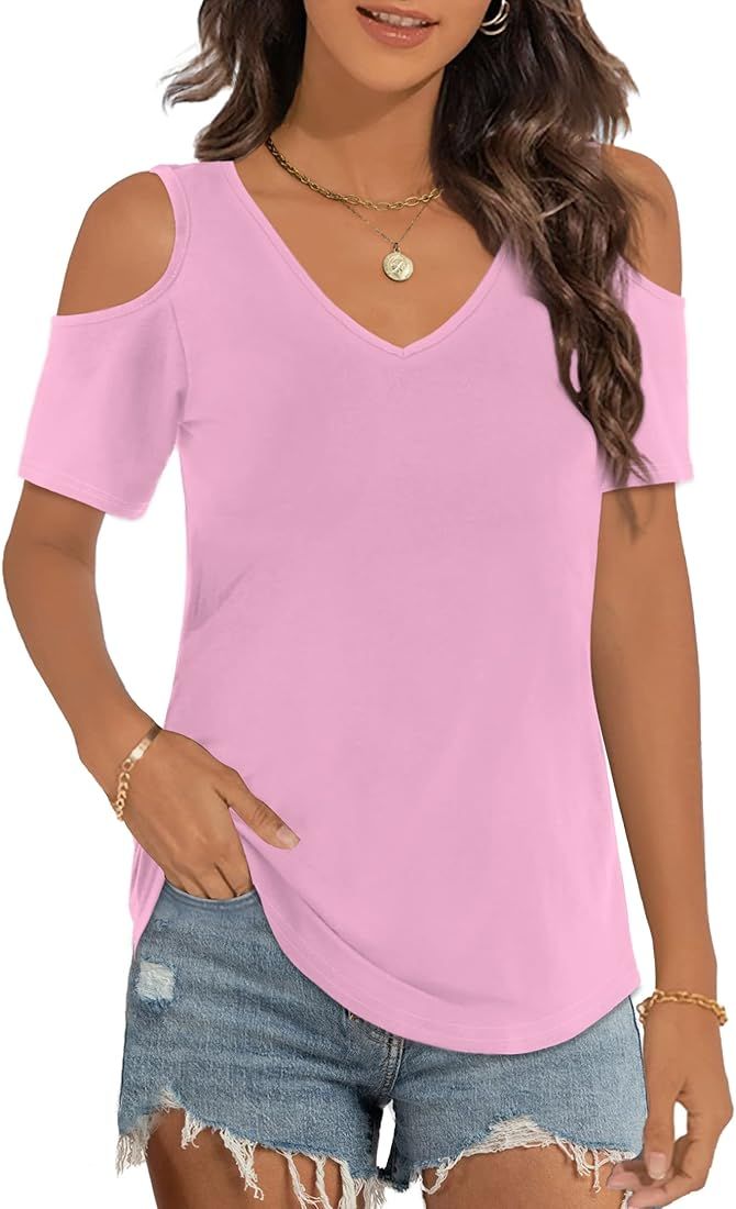 Elesomo Womens V Neck Cold Shoulder Tops Short/Long Sleeve Summer T Shirts Basic Tees | Amazon (US)