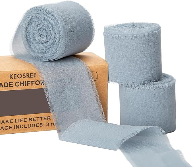 3 Rolls Dusty Blue Handmade Chiffon Ribbon,1.5" x 21Yd Frayed Fringe Silk Ribbons (3 Rolls *7Yd) ... | Amazon (US)