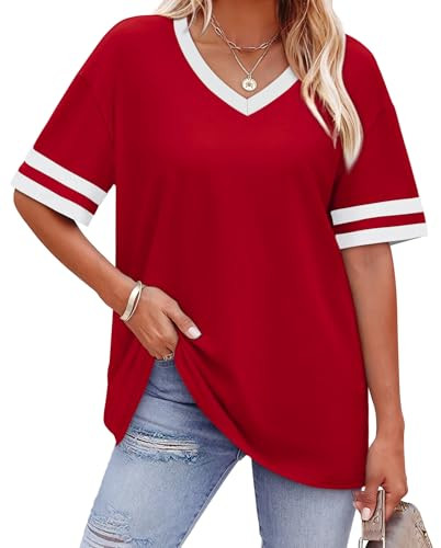 WIHOLL Womens T Shirts Loose Fit Short Sleeve Tees V Neck Color Block Summer Tops 2026 Fashion S-... | Amazon (US)