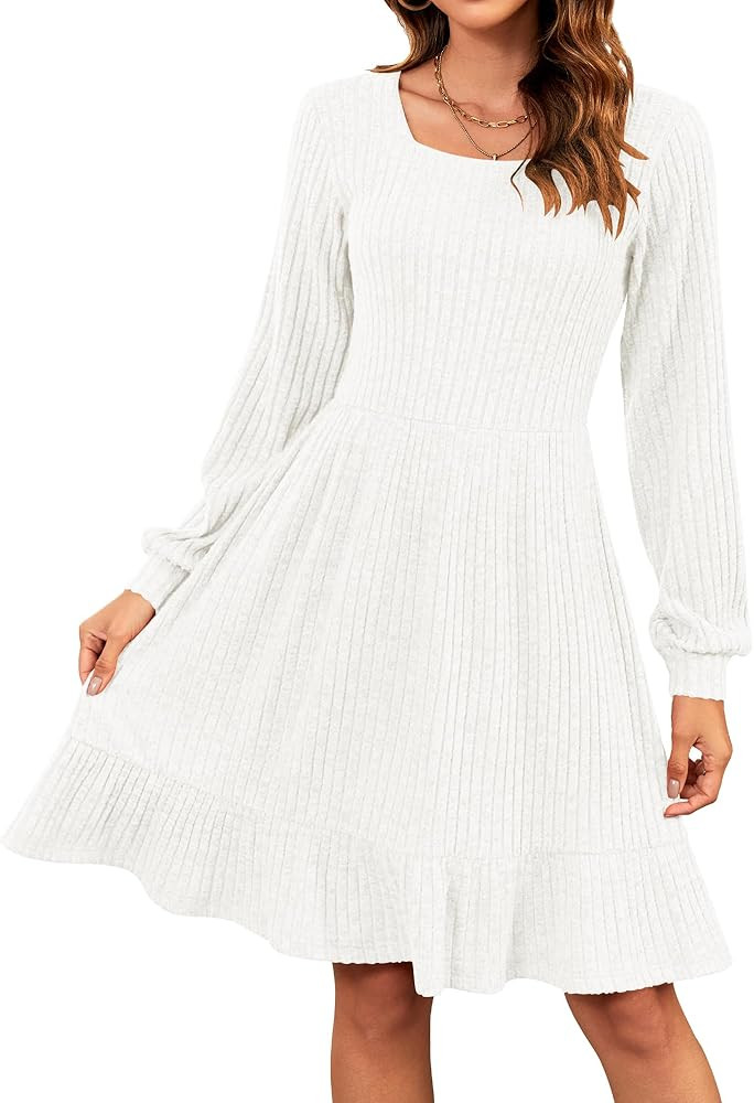 AUSELILY Womens Fall Dress 2025 Square Neck Long Sleeve Dresses Casual A Line Knit Sweater Dress ... | Amazon (US)