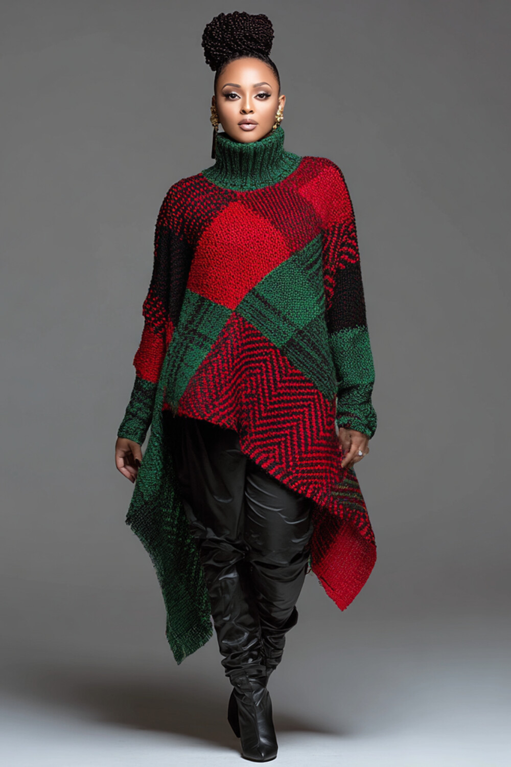 Xpluswear Design Plus Size Christmas Green Colorblock High Collar Long Sleeve Asymmetric Hem Irregular Hem Casual Crochet Sweaters Green-2XL/18-20 | Xpluswear