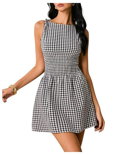 Floerns Women's Tie Shoulder A Line Gingham Dress Boat Neck Mini Checkered Elegant Dresses Red X-... | Amazon (US)