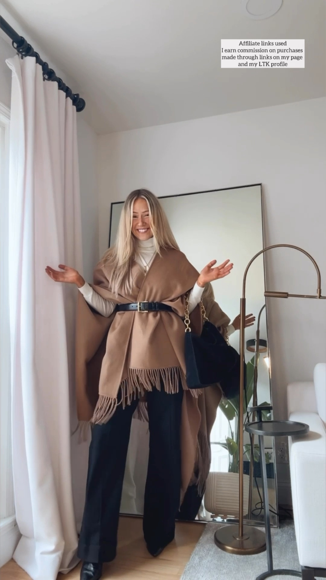 Trendy fall outfit

Zara fringe sweater cape
J.Crew black jeans wide leg
Neutral style 