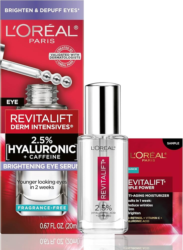 L'Oreal Paris Revitalift Hyaluronic Acid + Caffeine Hydrating Eye Serum for Dark Circles, Fragran... | Amazon (US)