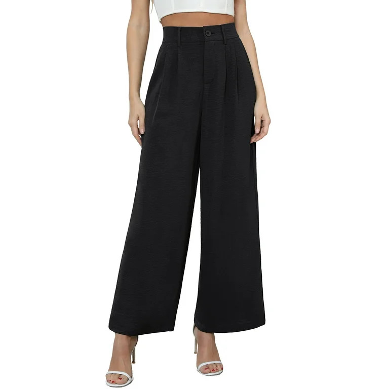 Uvplove Women's Pocket Wide Leg Trousers Lightweight Pants High Waist Button Loose Trouser Work C... | Walmart (US)