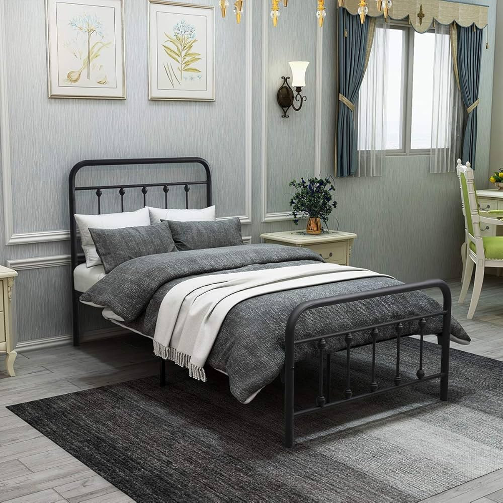 Twin Platform Bed Frame with Vintage Headboard and Footboard Metal Single Bed Frame Steel Slats S... | Amazon (CA)